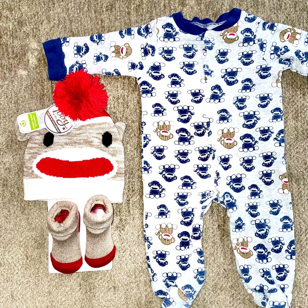 Sock Monkey Onesie, Hat & Socks